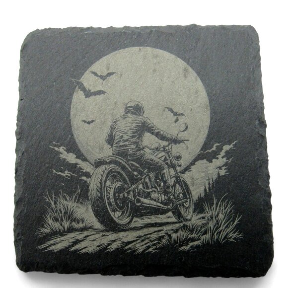 MOTORCYCLE Skeleton COASTER Moonlit Slate Gothic Set of 4 - Picture 4 of 6